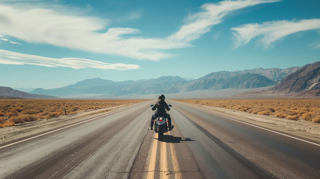Solo motorcyclist driving on the middle of an empty road in the country